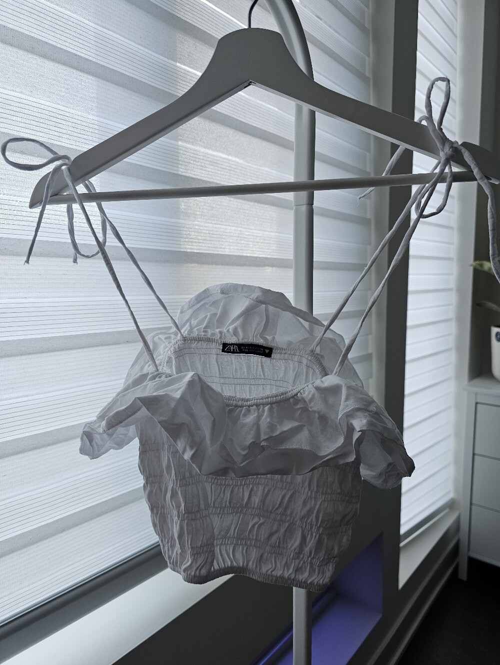 Zara White Ruffle Tie-Shoulder Smocked Crop Top